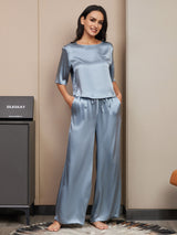 [Azul Grisáceo] SilkSilky-ES Half Sleeve Round Neck Pijamas de mujer 006