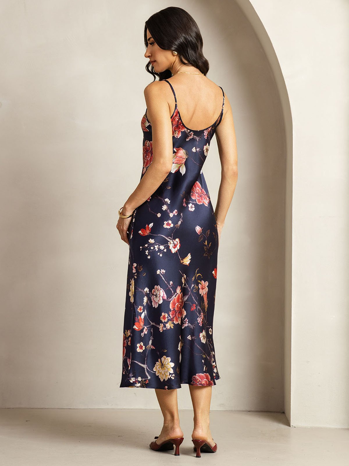[FloralAzulMarino] SilkSilky-ES 19Momme Seda Cuello en V Vestido 002