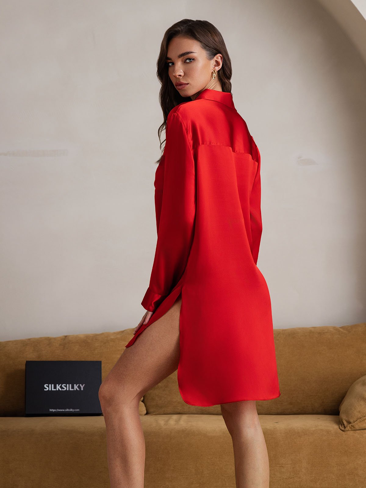 [Rojo] SilkSilky-ES Seda Pura Cuello Camisero Camisón 002