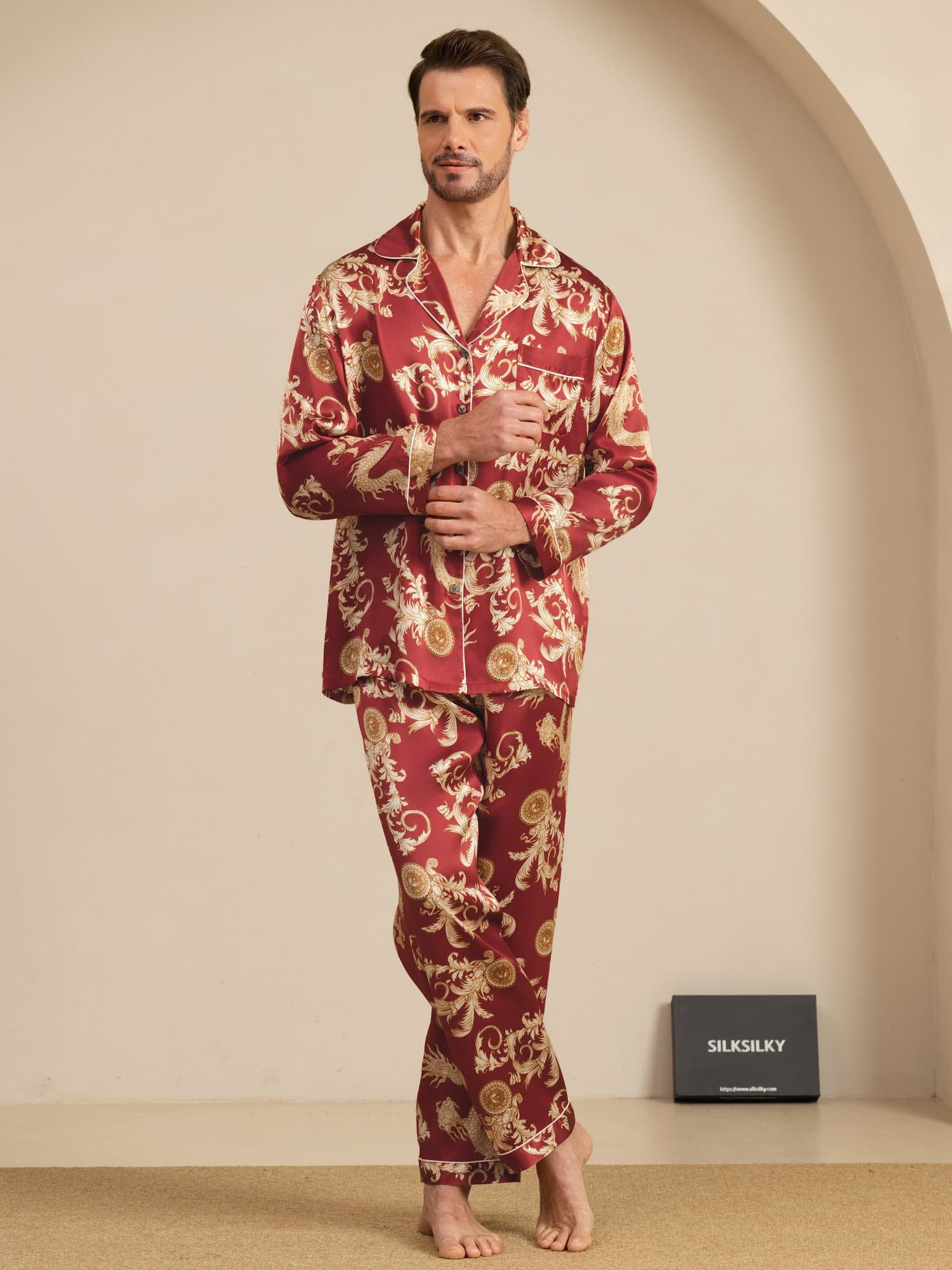 [Dragón Vino] SilkSilky-ES Manga larga Cuello de Muesca Pijamas de hombre 003