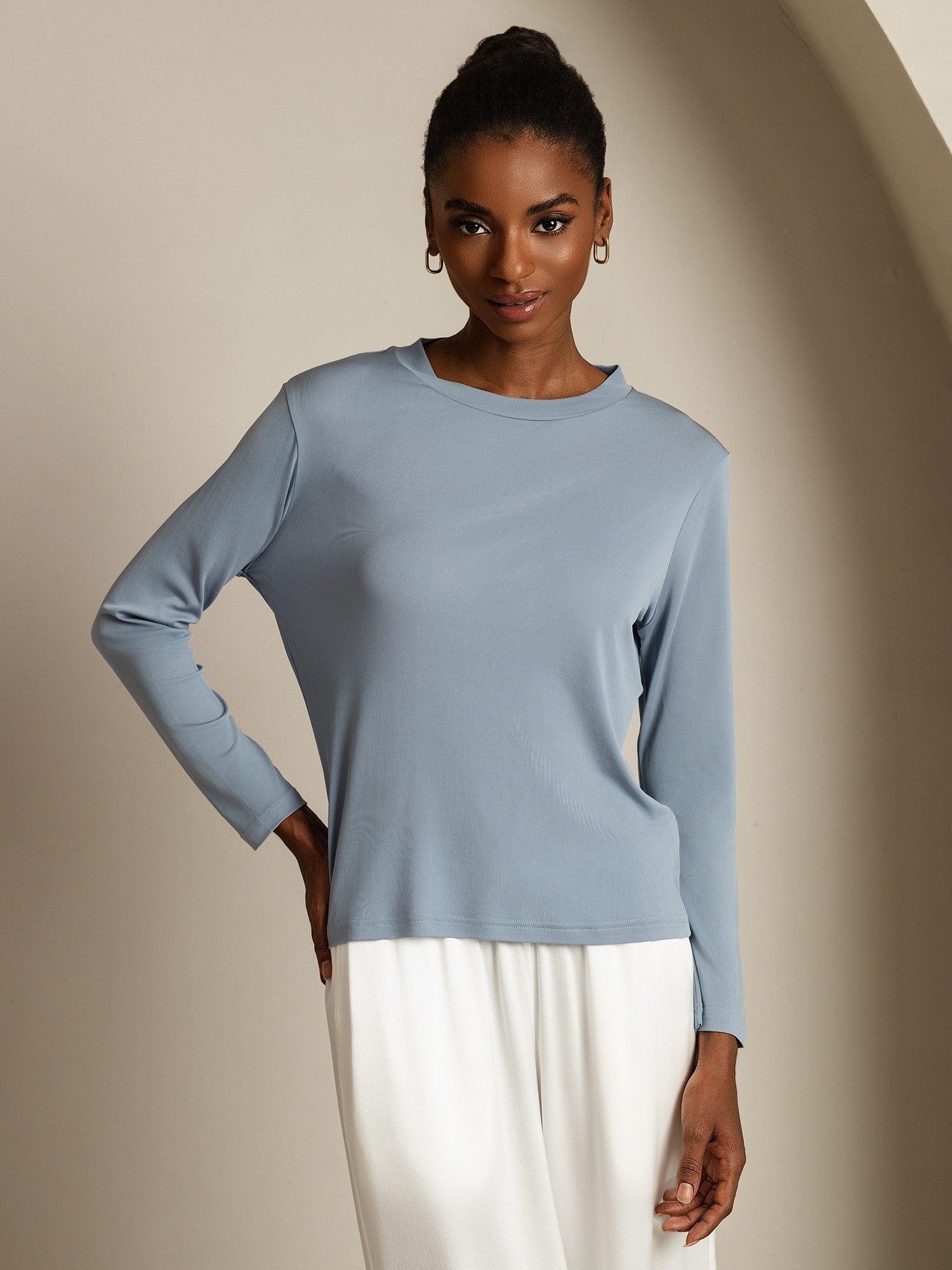 [AzulGrisáceo] SilkSilky-ES Seda Pura Womens T-Shirt 003