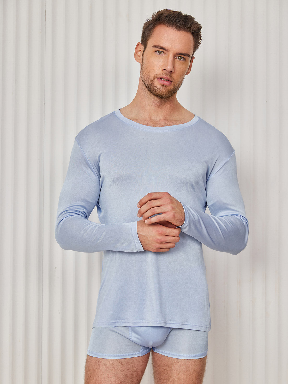 [Azul Claro] SilkSilky-ES Tejido de seda Mens T-Shirt 003