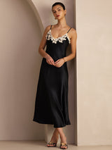 [Negro] SilkSilky-ES Spaghetti Strap V Neck Vestido 003