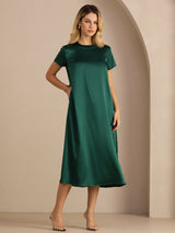 [Verde Oscuro] SilkSilky-ES Short Sleeve Round Neck Vestido 003