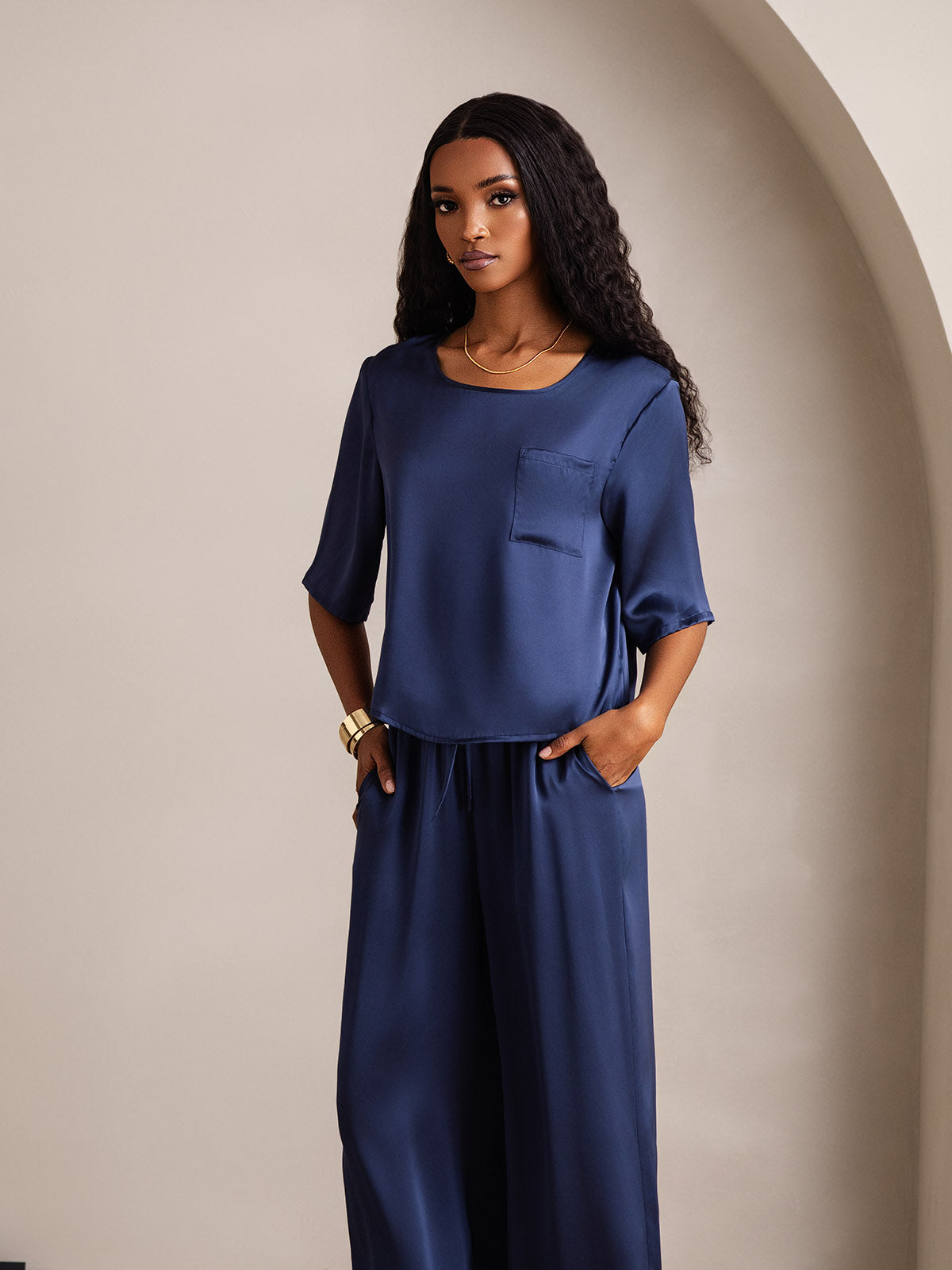 [Azul Oscuro] SilkSilky-ES Seda Pura Womens Pajamas 003