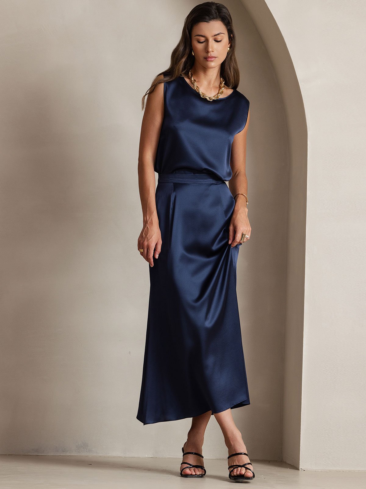 [Azul Oscuro] SilkSilky-ES 19Momme Seda Skirt 008