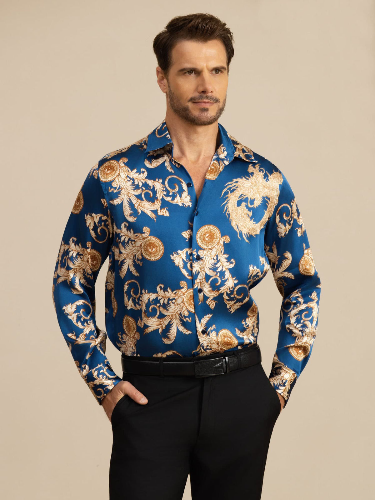 [Dragón Navy] SilkSilky-ES Long Sleeve Lapel Collar Camisa de hombre 001