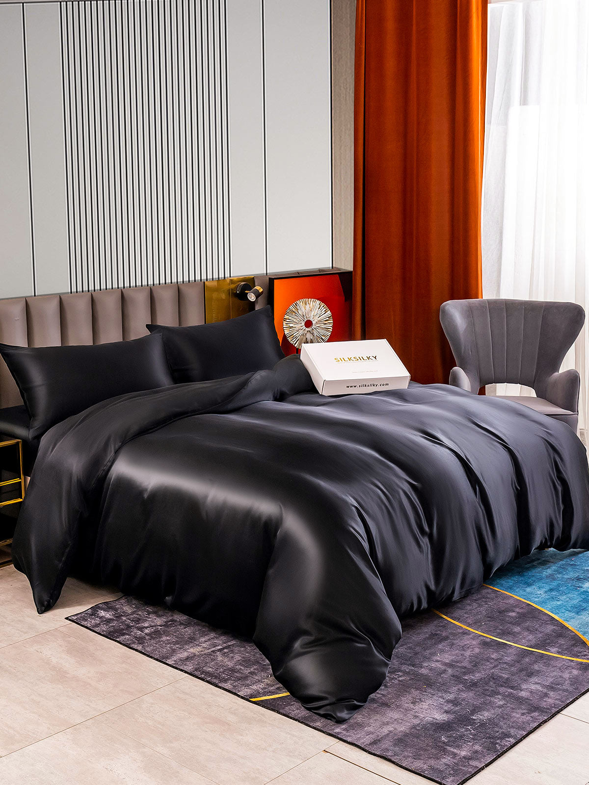 [Negro] SilkSilky-ES 22Momme Seda Pura Bedding Set 002