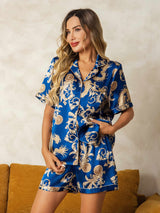 [Dragón Navy] SilkSilky-ES Short Sleeve Lapel Collar Pijamas de mujer 001