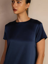 [Azul Oscuro] SilkSilky-ES Short Sleeve Round Neck Vestido 004