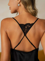 [Negro] SilkSilky-ES Spaghetti Strap Deep V Neck Camisón 005