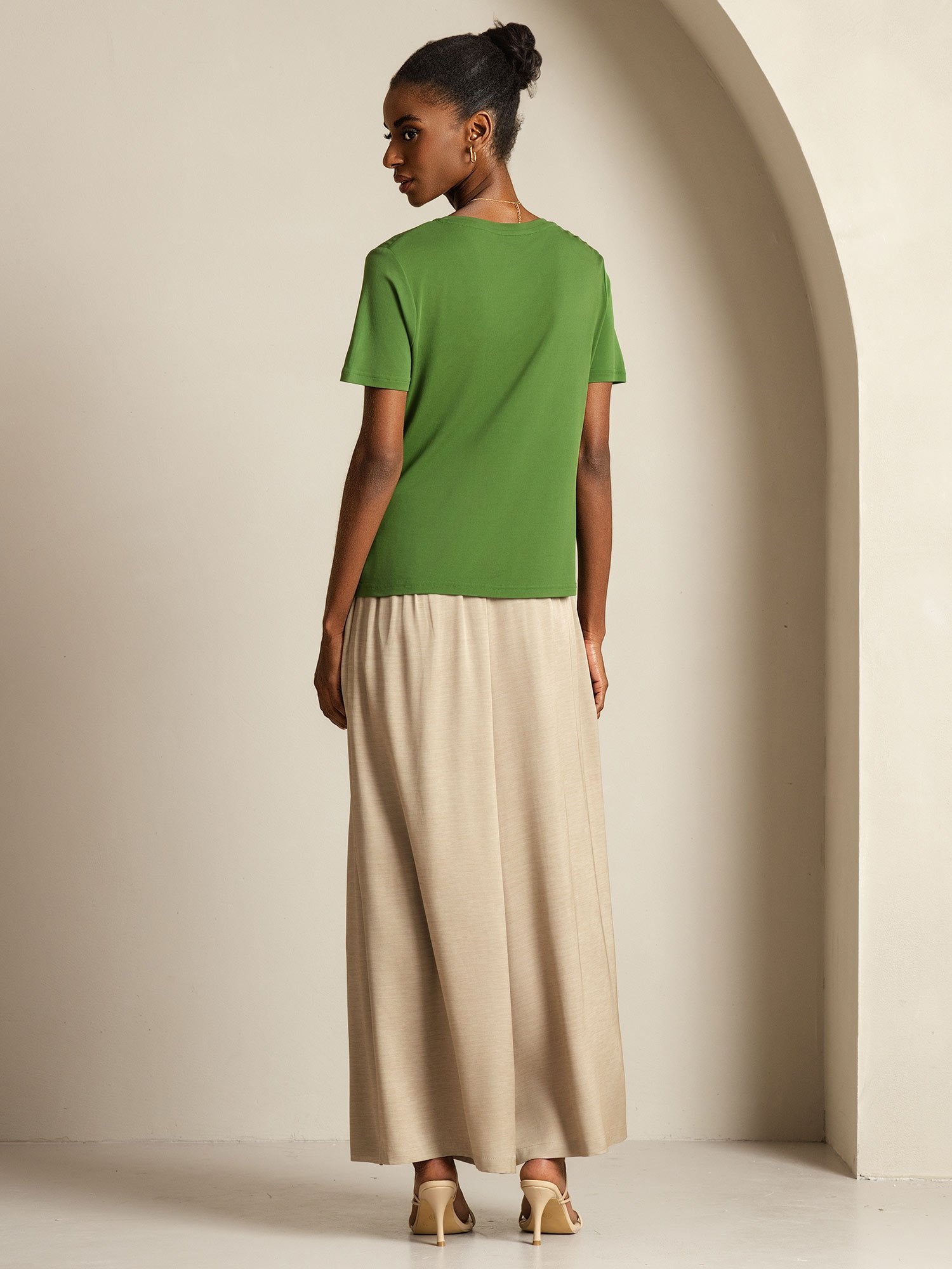 [Verde] SilkSilky-ES Seda Pura Cuello en V Camisetas de Mujer 002