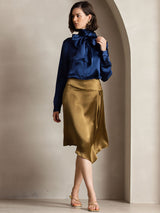 [Azul Oscuro] SilkSilky-ES Long Sleeve Tie Neck Blusa 007