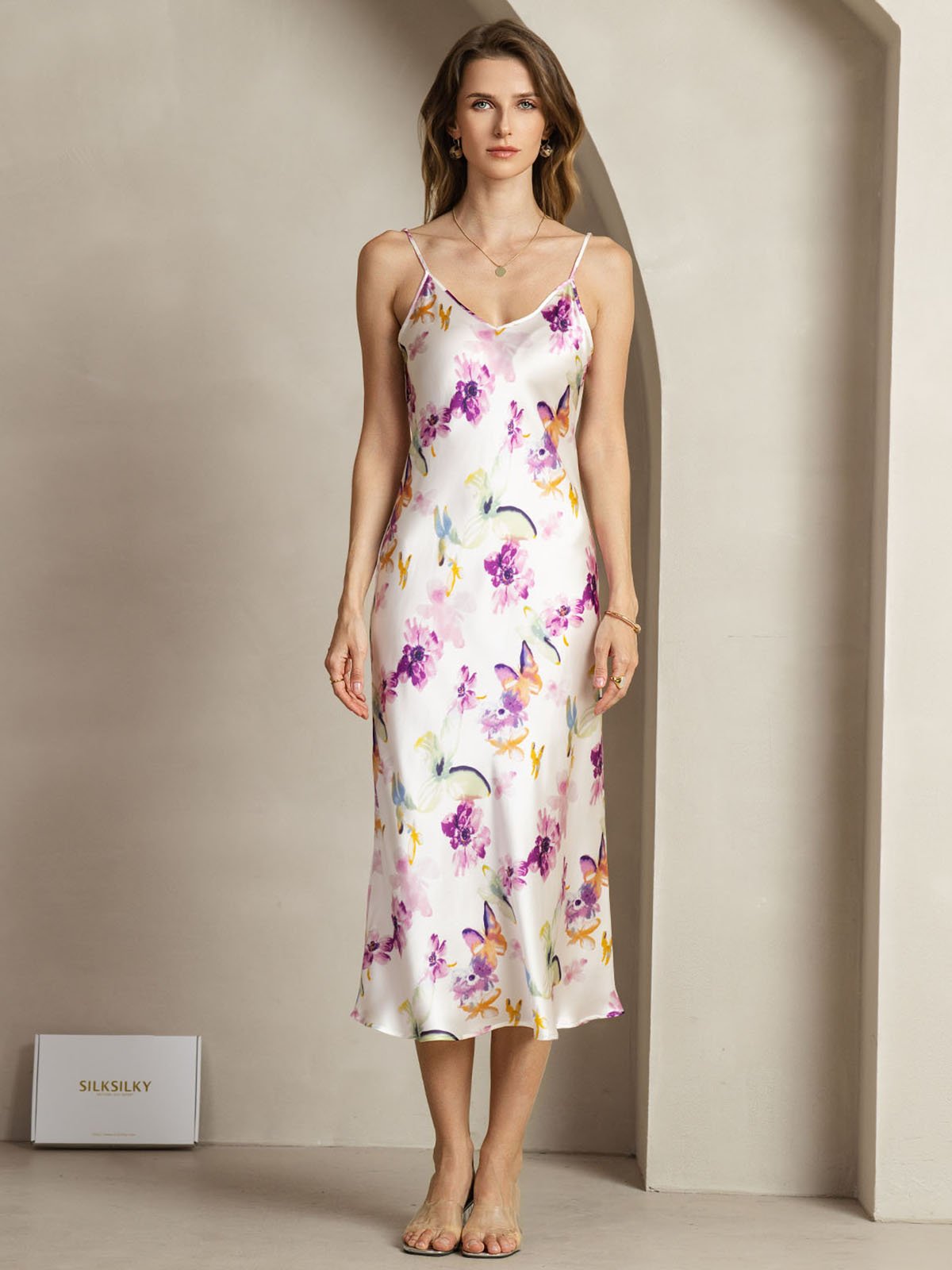 [Flores Acuarela] SilkSilky-ES 19Momme Seda Cuello en V Vestido 001