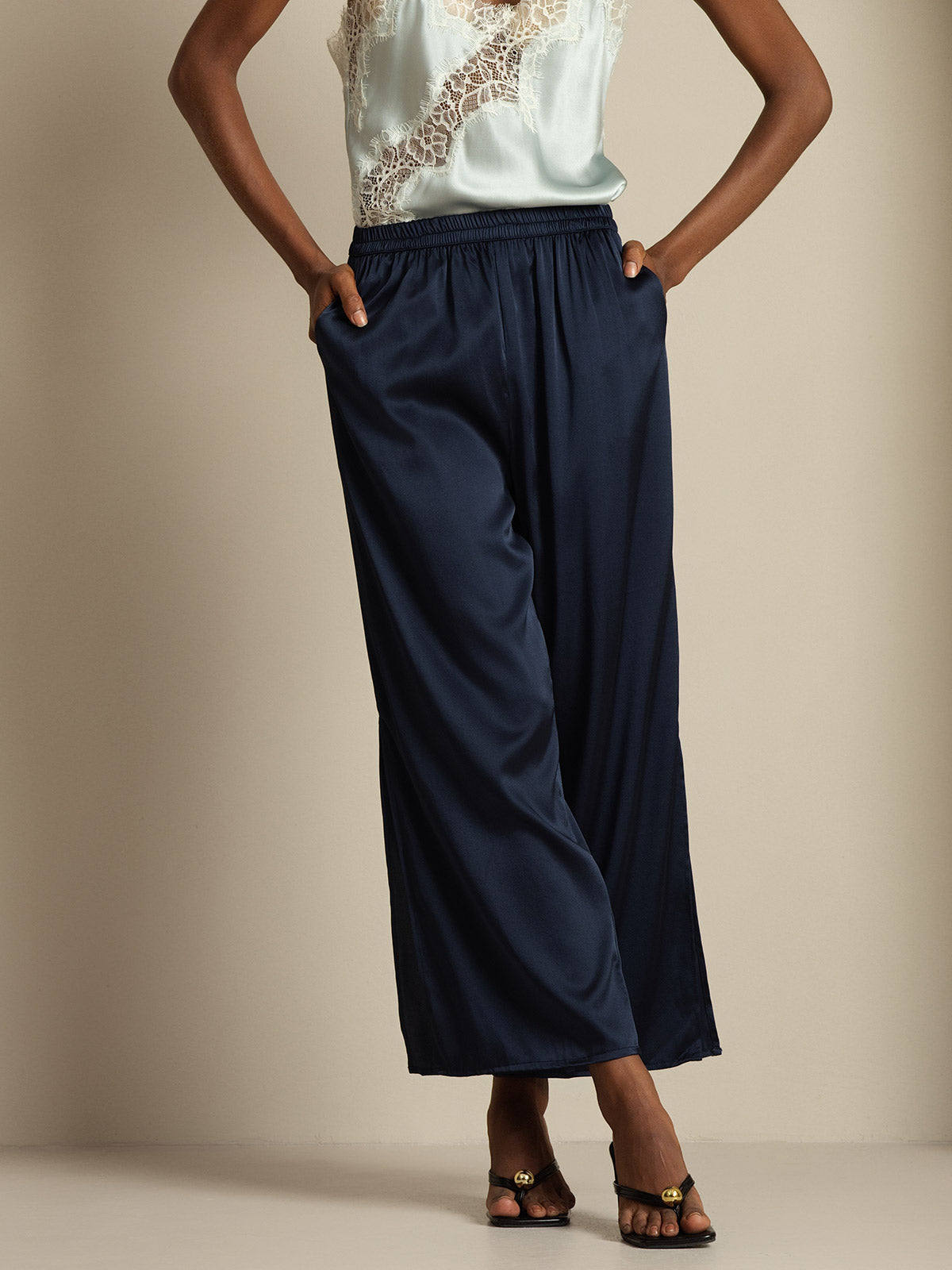 [Azul Oscuro] SilkSilky-ES 19Momme Seda Womens Pants 005