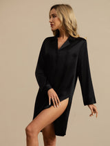 [Negro] SilkSilky-ES Long Sleeve Lapel Collar Camisas de dormir 003