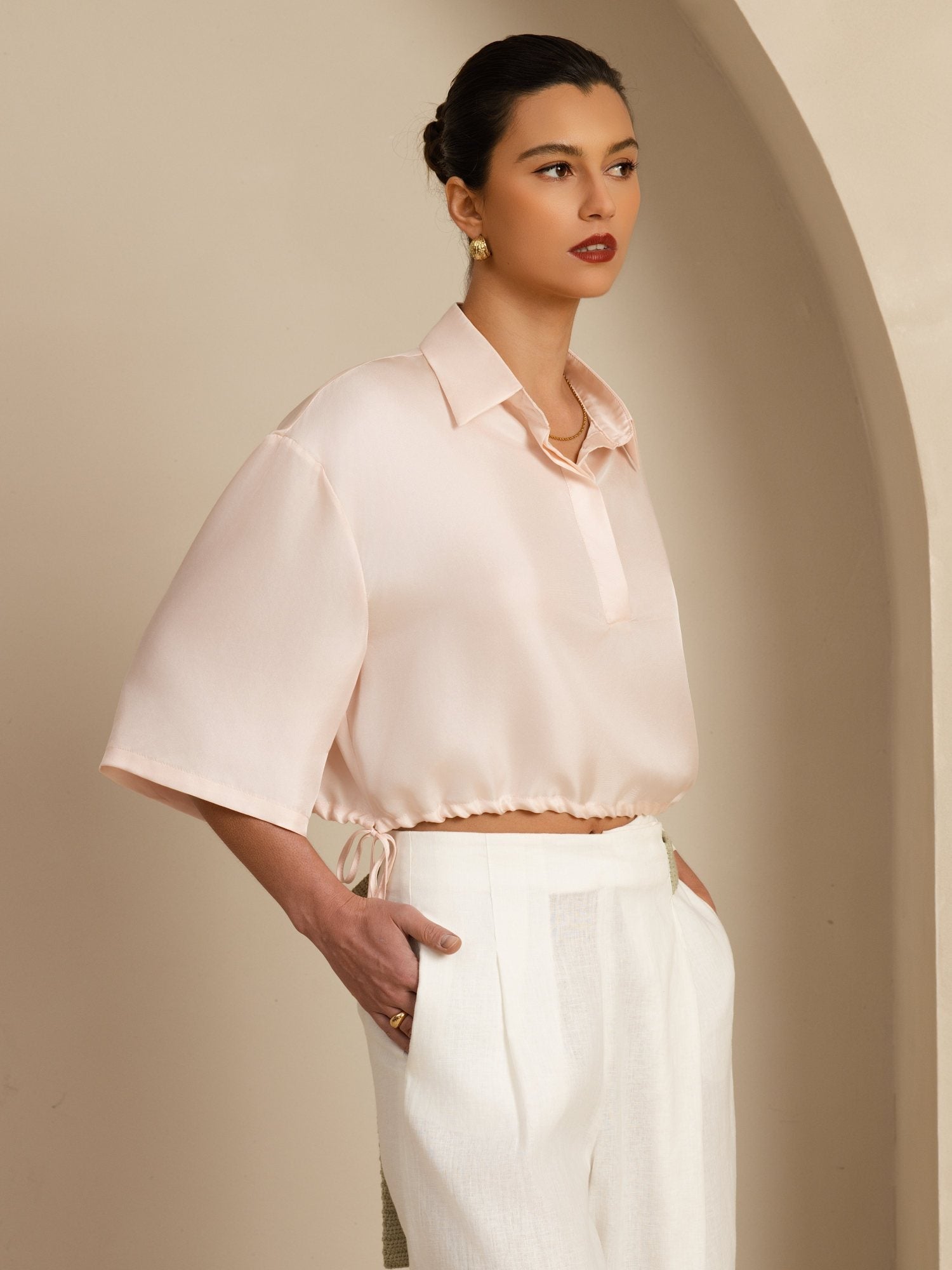 [Rosa] SilkSilky-ES 18Momme A metà Cuello con Solapa Blusa 004