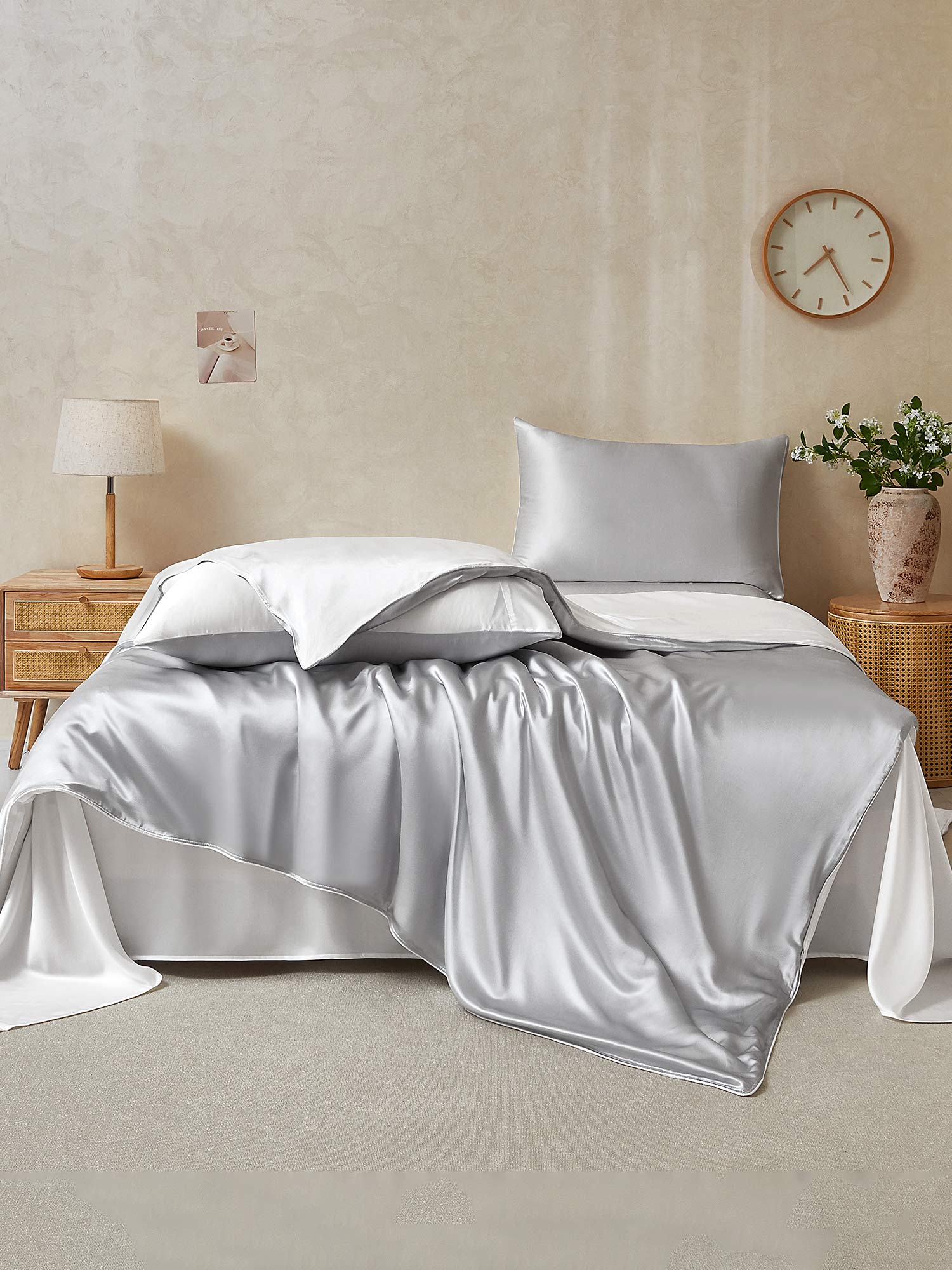 [GrisClaro+Blanco] SilkSilky-ES 19Momme Seda Pura Bedding Set 002,