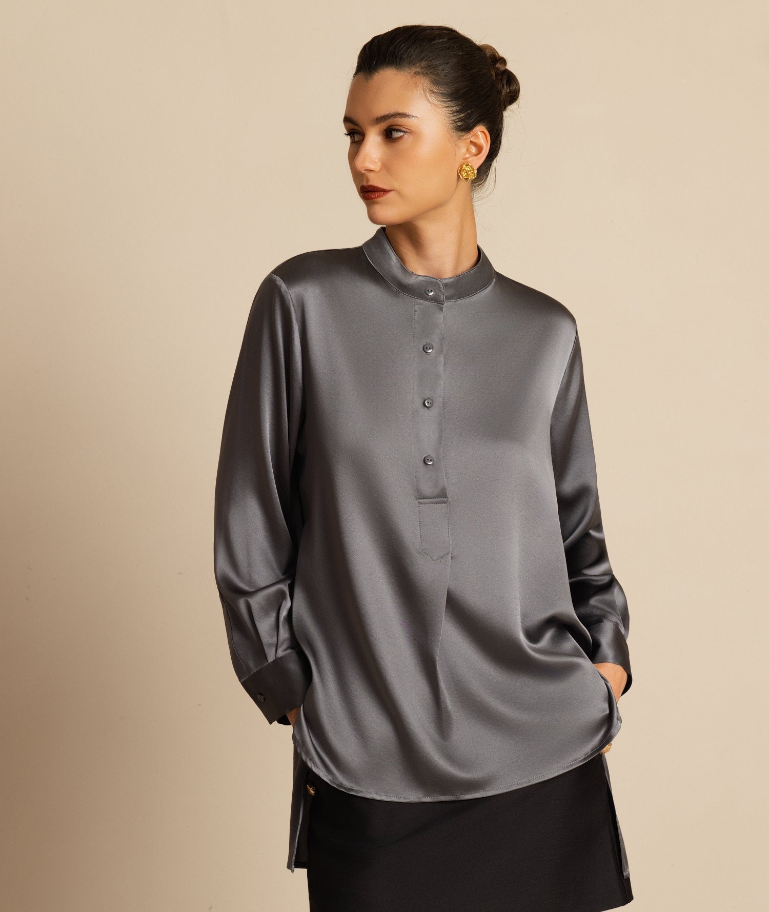 [Gris Oscuro] SilkSilky-ES 19Momme Seda Manga larga Cuello Alto Blusa 003