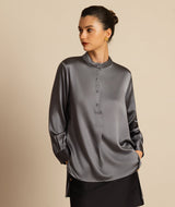[Gris Oscuro] SilkSilky-ES 19Momme Manga larga Cuello Alto Blusa 003