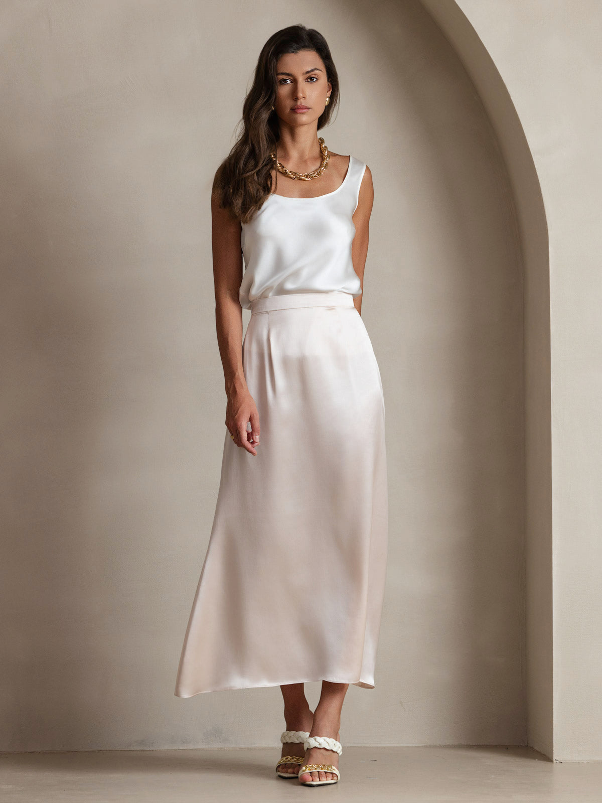 [Blanco] SilkSilky-ES 19Momme Seda Cuello en U Top de tirantes 008