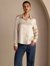 [Beige Arroz] SilkSilky-ES Long Sleeve Lapel Collar Blusas de Mujer 004