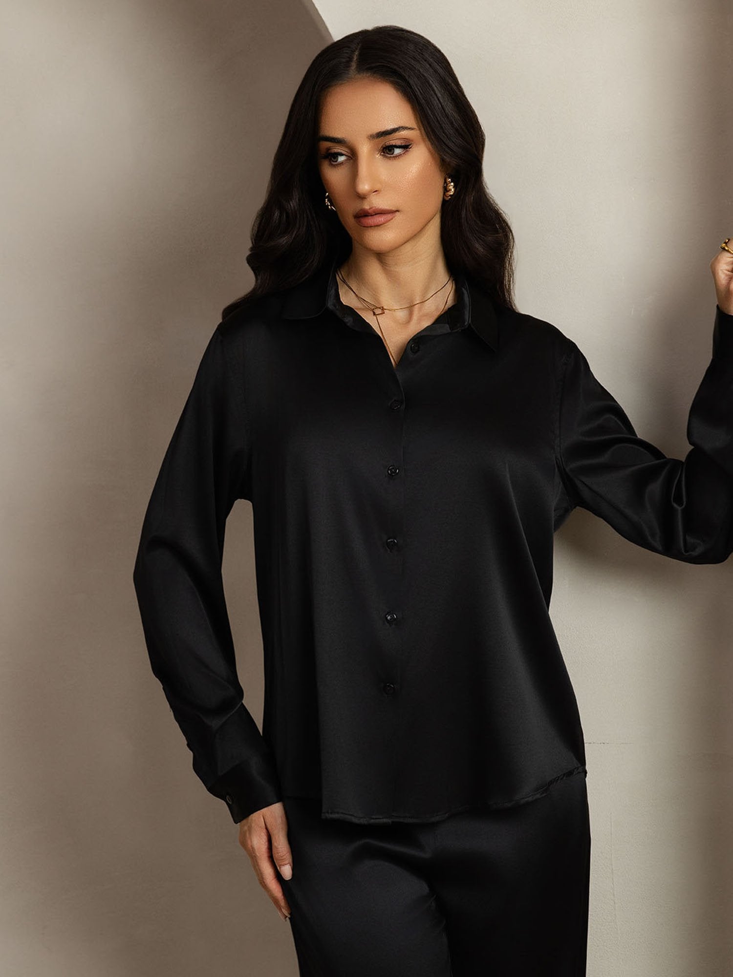 [Negro] SilkSilky-ES 19Momme Seda Lapel Collar Women''s Outfit Sets 005