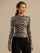 [Leopardo] SilkSilky-ES Manga larga Cuello Simulacro Camisetas de Mujer 001