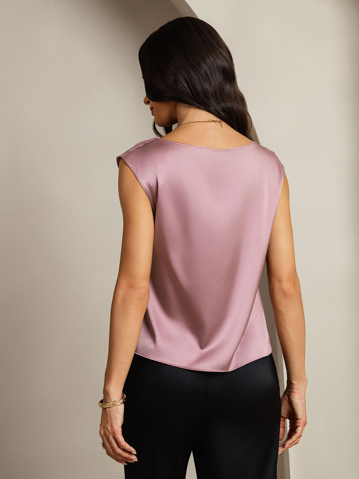 [Malva Pálido] SilkSilky-ES 19Momme Seda Escote Caído Camisetas de Mujer 002