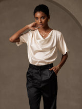 [Beige] SilkSilky-ES Short Sleeve Cowl Neck Blusas 004