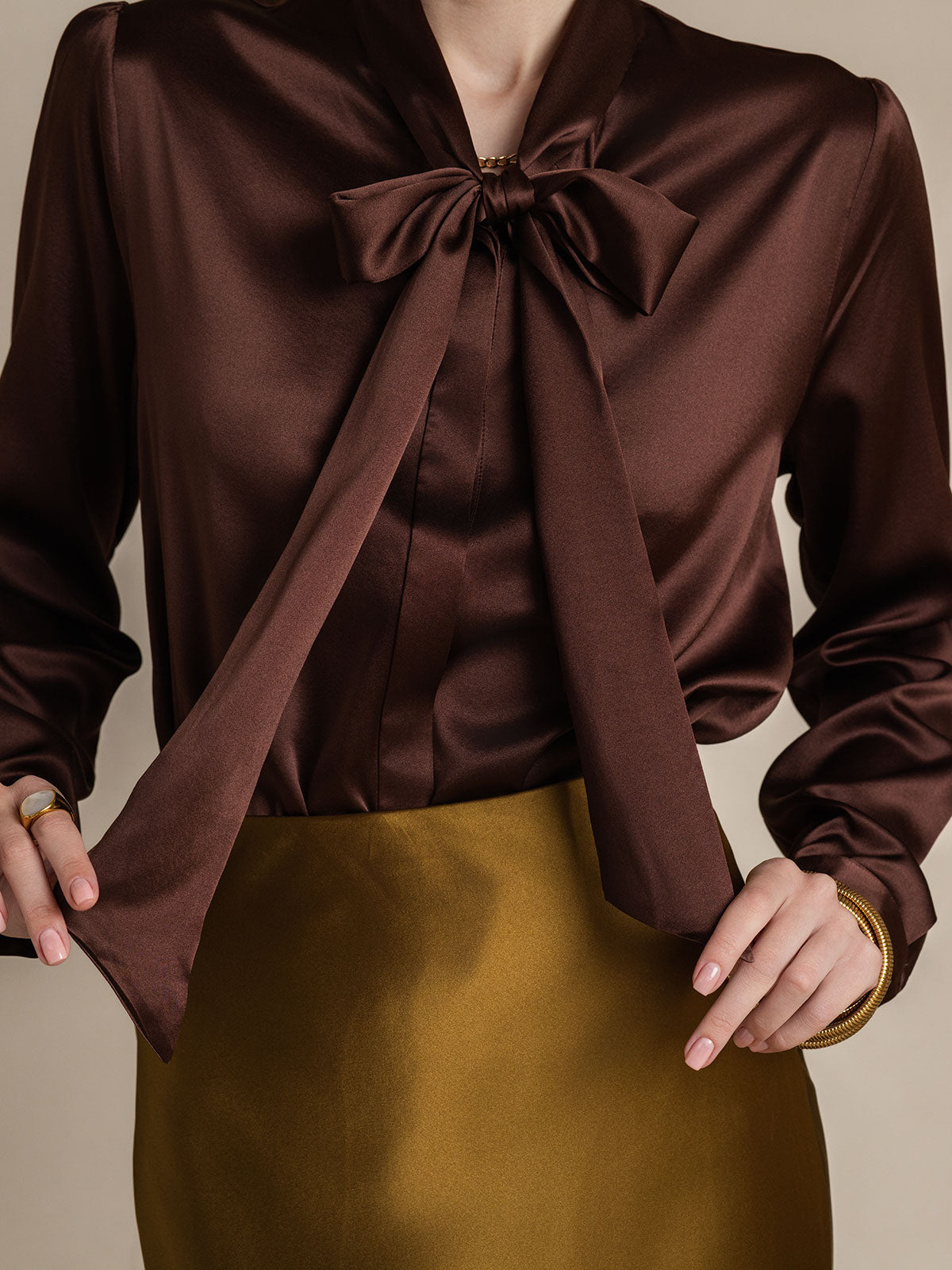 [Café] SilkSilky-ES 19Momme Seda Manga larga Corbata Blusas de Mujer 008
