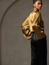 [Marrón] SilkSilky-ES Long Sleeve Boat Neck Blusa 006