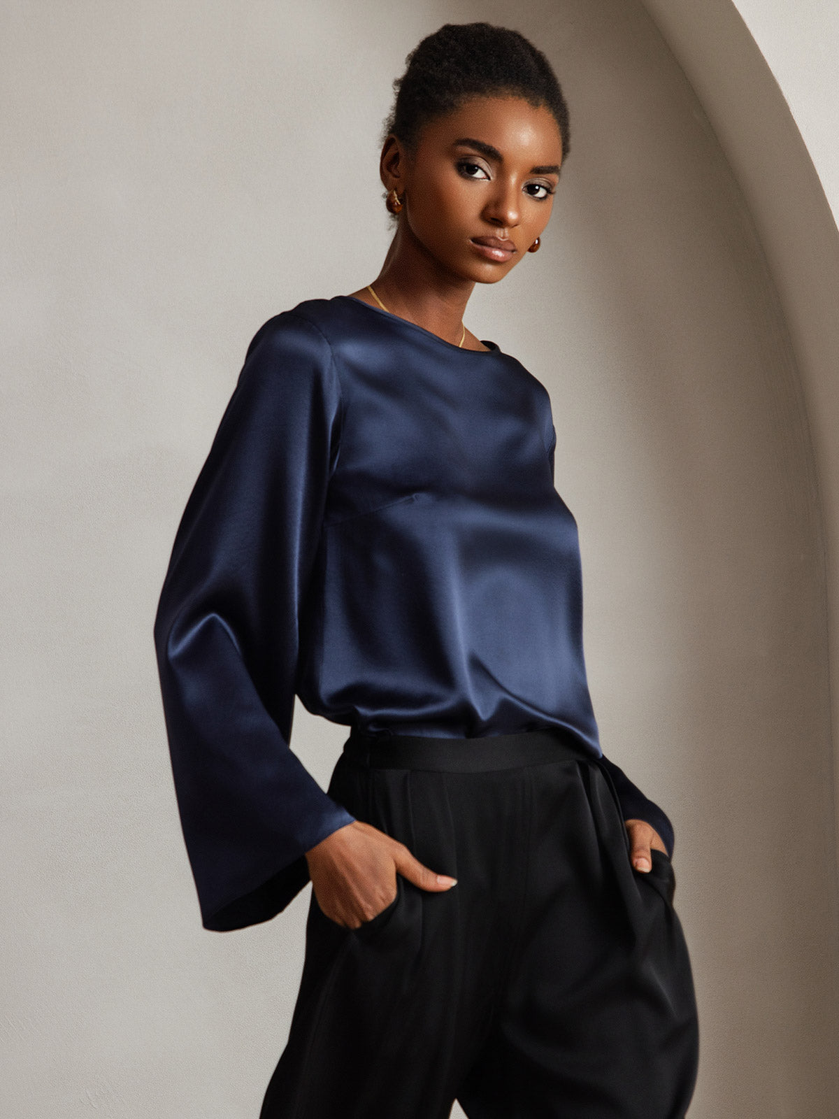 [Azul Oscuro] SilkSilky-ES Long Sleeve Boat Neck Blusa 001