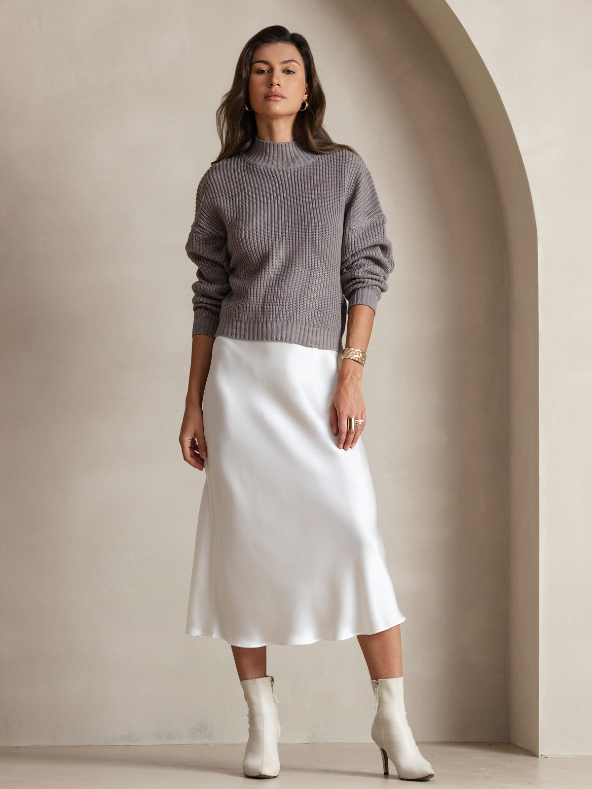 [Blanco] SilkSilky-ES Spalline Sottili Cuello en V Vestido 007