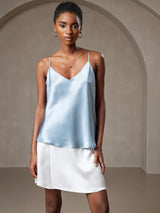 [Azul Grisáceo] SilkSilky-ES Spaghetti Strap V Neck Top de tirantes 006