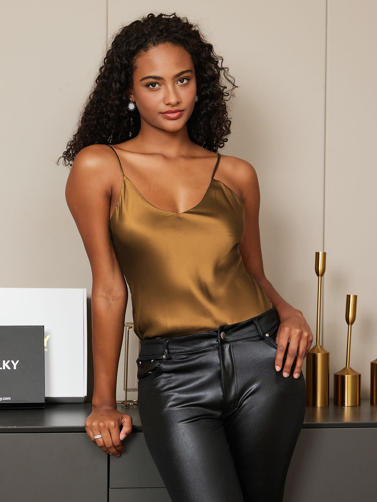 [Café] SilkSilky-ES Seda Pura Sin mangas Cuello en V Top de tirantes 003