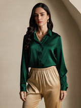 [Verde Oscuro] SilkSilky-ES Long Sleeve Lapel Collar Blusas de Mujer 006