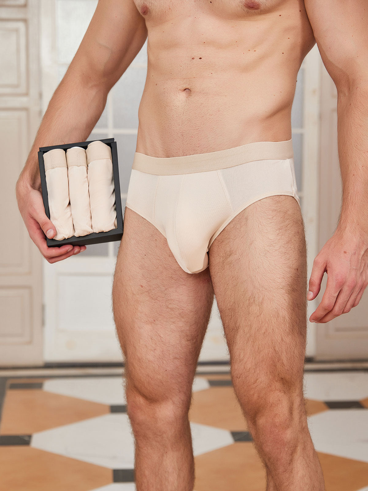 [Beige] SilkSilky-ES Seda Pura Mens Underwear 001