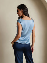 [Azul Grisáceo] SilkSilky-ES Cap Sleeve Cowl Neck Camisetas de Mujer 002
