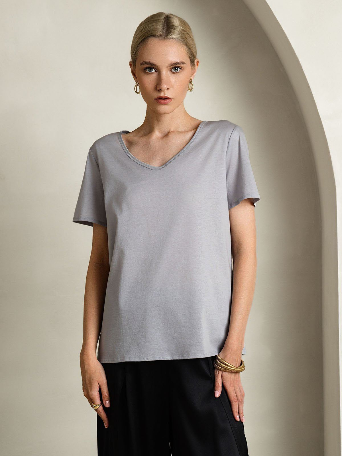 SilkSilky-ES Seda Manga corta Cuello en V Camisetas de Mujer Gris 001