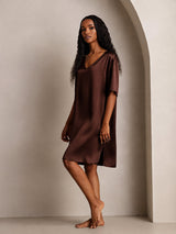 [Marrón] SilkSilky-ES Half Sleeve V Neck Camisón 007