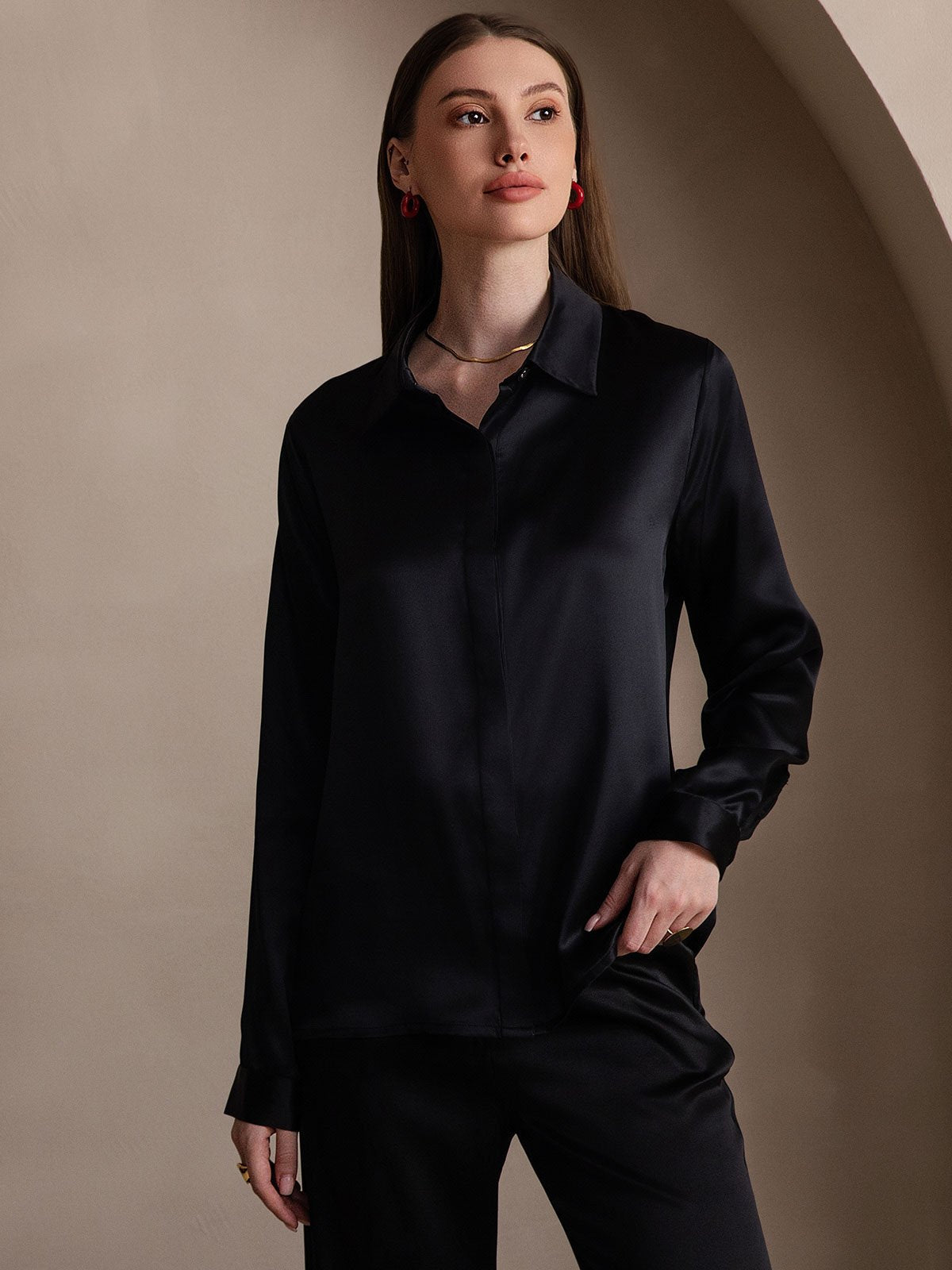 [Negro] SilkSilky-ES 19Momme Seda Lapel Collar Blusas de Mujer 003
