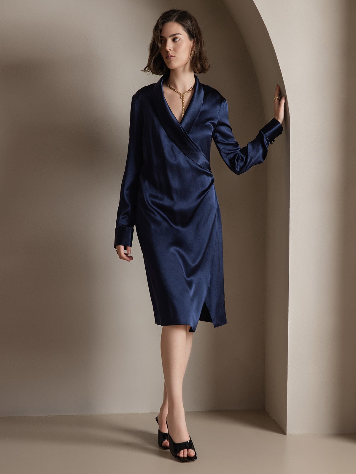 [Azul Oscuro] SilkSilky-ES 19Momme Seda Cuello en V Vestido 005