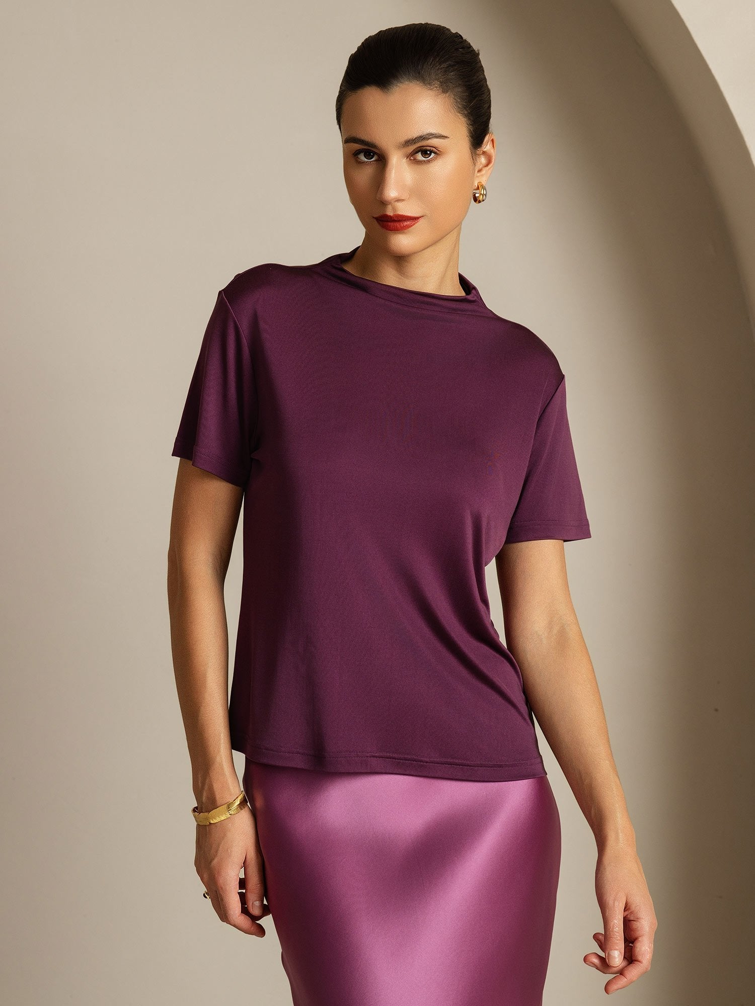 [Púrpura] SilkSilky-ES Seda Pura Cuello Camisero Camisetas de Mujer 005