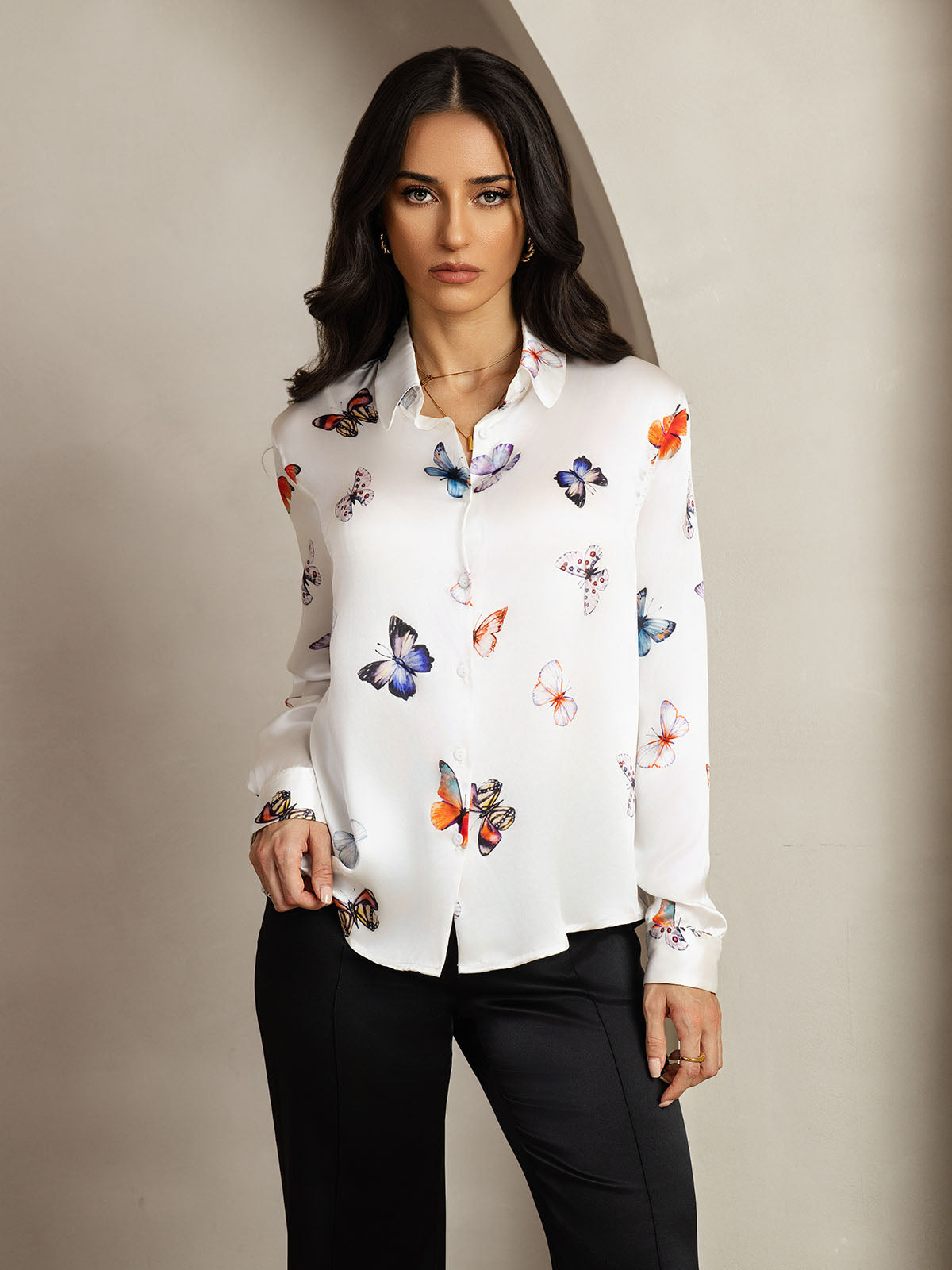[Mariposa Blanca] SilkSilky-ES Seda Lapel Collar Blusas de Mujer 001
