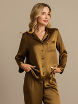 [Marrón] SilkSilky-ES Long Sleeve Lapel Collar Pijamas de mujer 006