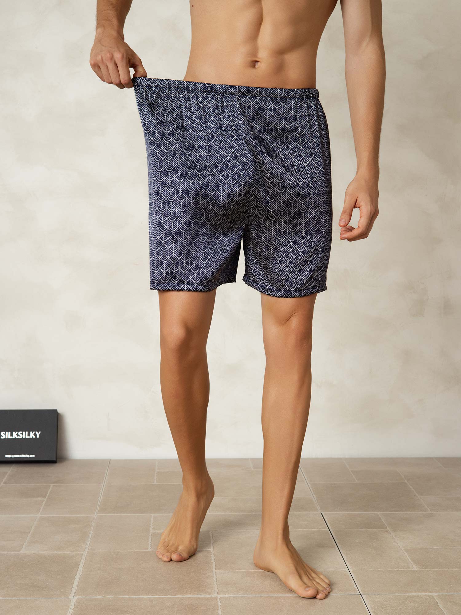 [Ginkgo Azul Marino] SilkSilky-ES Seda Pura Mens Sleep Bottoms 003