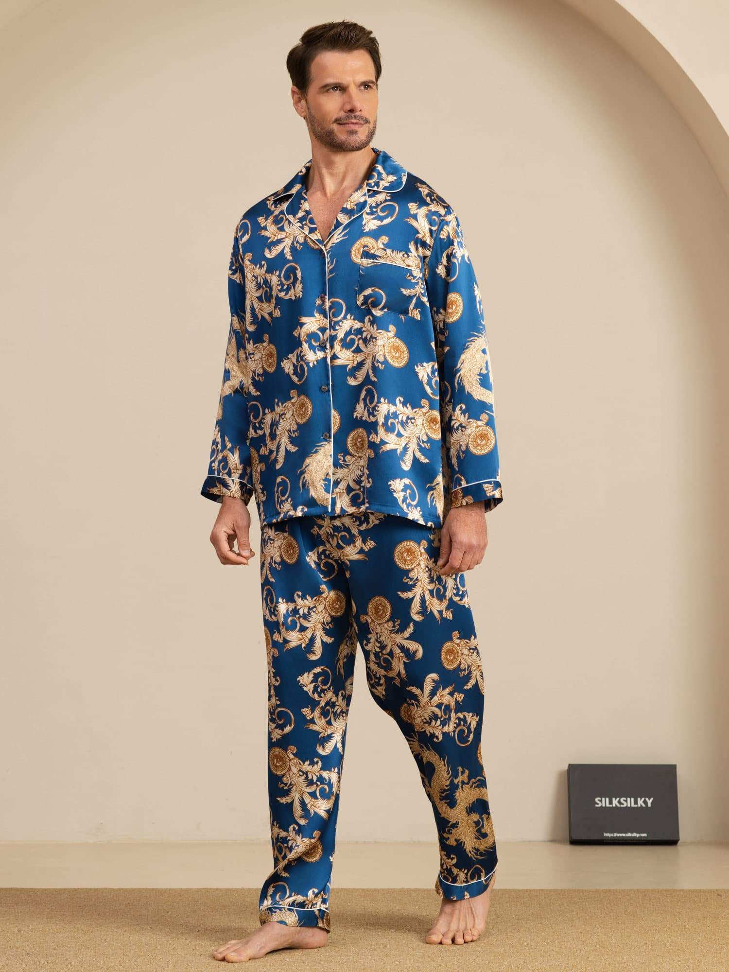 [Dragón Navy] SilkSilky-ES Manga larga Cuello de Muesca Pijamas de hombre 004