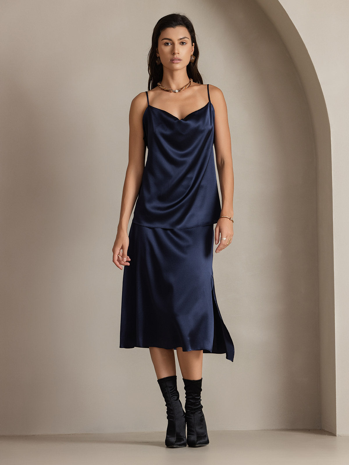 [Azul Oscuro] SilkSilky-ES 19Momme Seda Skirt 004