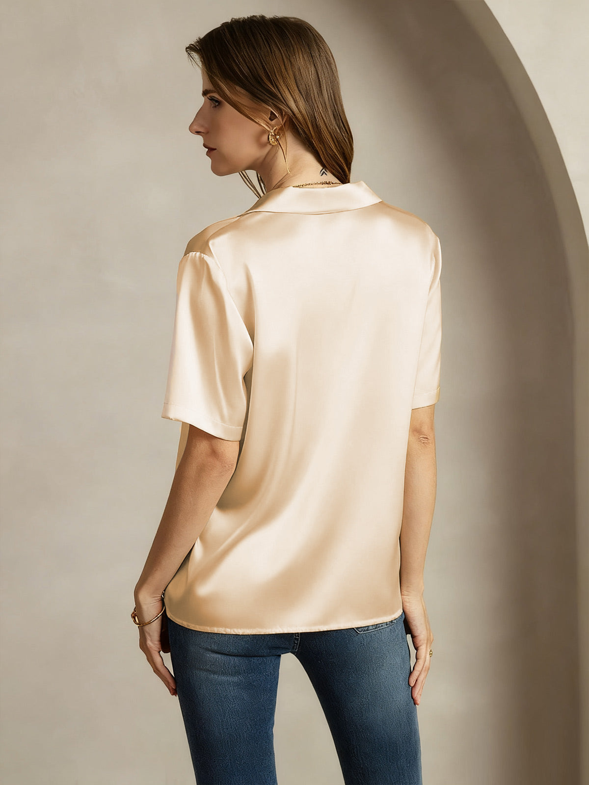 [Champán] SilkSilky-ES 19Momme Seda Escote V Blusas de Mujer 002